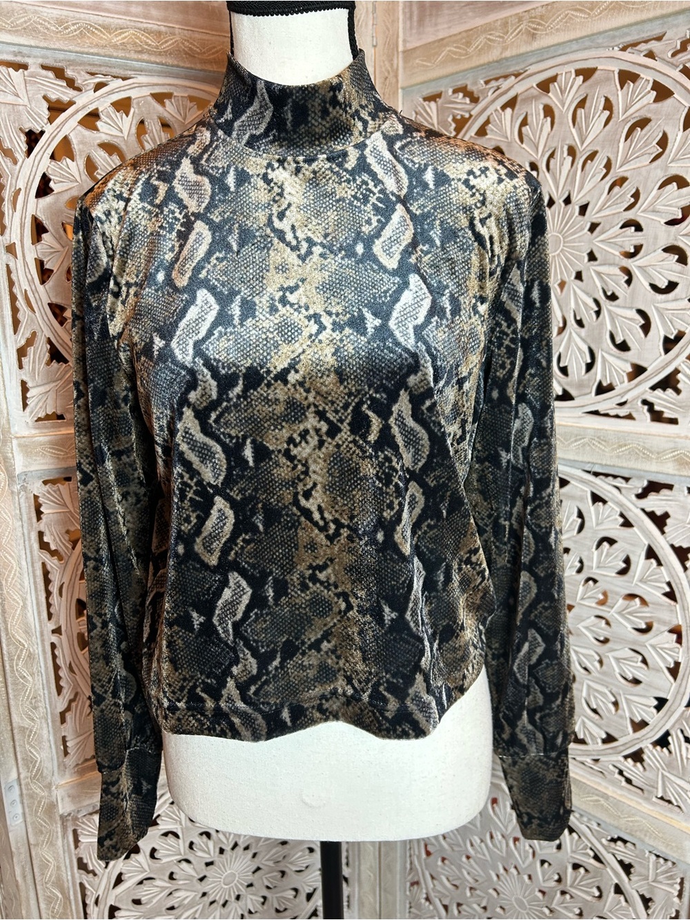 Carmen Marc Valvo Snake-Print Mock Neck Long Sleeve Top in Black and Brown